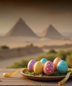 Painted Easter eggs in front of the Giza Pyramids