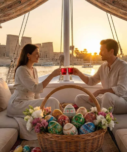 Couple with an Easter egg basket on a Nile felucca at sunset