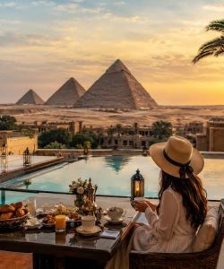 Pool terrace with a view of the Giza Pyramids at sunset